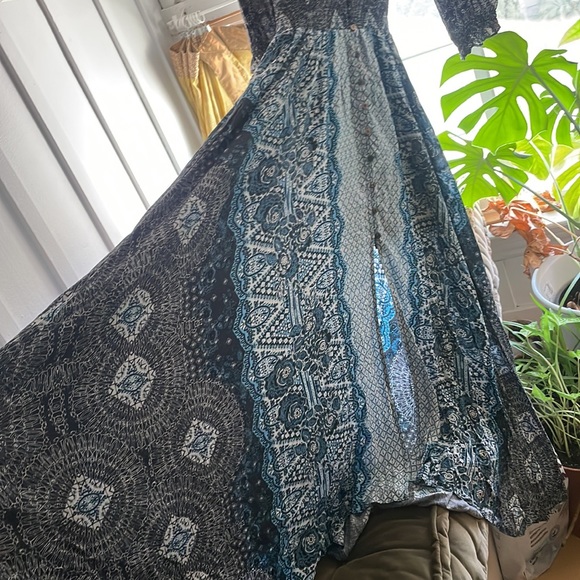 Free People Blue Button Down Full Length Peasant Dress - Picture 3 of 6